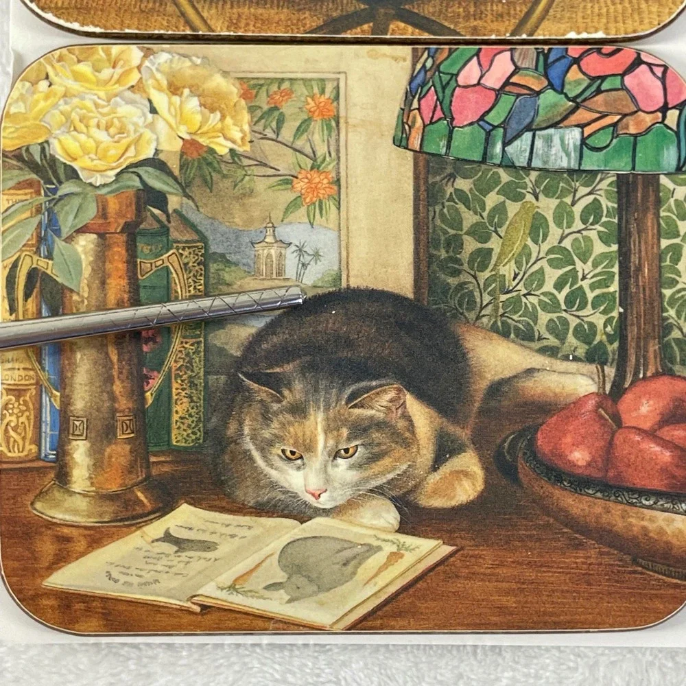 Vintage‎ Cat Art Coasters Set of 6 Cork Backed Square Tuxedo Ginger White Cats
